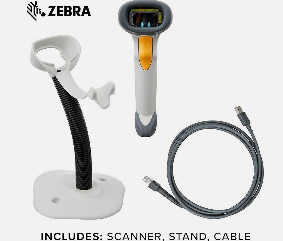 Zebra LS2208-SR20007R-UR USB Kit, Scanner, CBA-U01-S07ZAR Cable, 20-61019-02R Stand, Black